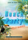 Summer party banner template with exotic flowers and tukan bird. Vertical orientation