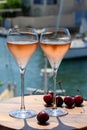 Drinking of French brut champagne sparkling wine in glasses, club party in yacht harbour of Port Grimaud near Saint-Tropez, French Royalty Free Stock Photo