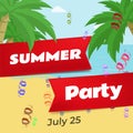 Summer party flat vector banner template. Summertime celebration, beach club festival invitation layout. Stylized red Royalty Free Stock Photo