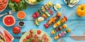 Summer Party Food Flatlay on a rustic blue table