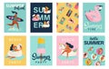 Summer party. Hello summer posters in vector. Cute Retro posters set Royalty Free Stock Photo