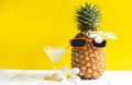 Summer in the party.  Hipster Pineapple Fashion in sunglass and fruit juice bright beautiful color in holiday, Royalty Free Stock Photo