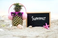 Summer in the party. Hipster Pineapple Fashion in sunglass and listen music Royalty Free Stock Photo