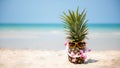 Summer in the party.  Hipster Pineapple Fashion in sunglass and listen music on the sand beach beautiful blue sky background Royalty Free Stock Photo