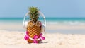 Summer in the party.  Hipster Pineapple Fashion in sunglass and listen music on the sand beach beautiful blue sky background Royalty Free Stock Photo