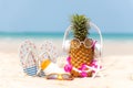 Summer in the party.  Hipster Pineapple Fashion in sunglass and listen music with sunblock and sandal on the sand beach beautiful Royalty Free Stock Photo