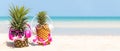 Summer in the party.  Hipster Pineapple Fashion in sunglass and listen music with sunblock and sandal on the sand beach beautiful Royalty Free Stock Photo