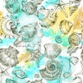 Summer Party holiday background, watercolor illustration. Seamless pattern with sea shells, molluscs and palm leaves