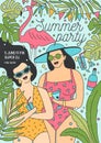 Summer party invitation template with happy women in swimsuits and sunglasses drinking exotic cocktails and laughing Royalty Free Stock Photo