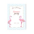 Summer party invitation template. Two pink flamingos, glitters and stars Royalty Free Stock Photo