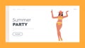 Summer Party Landing Page Template. Woman in Bikini, Sunglasses and Hat Holding Glass with Cocktail. Female on Beach Royalty Free Stock Photo