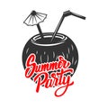 Summer party. Lettering phrase on background with coconut. Design element for poster, flyer, card, t shirt.