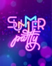 Summer party lettering on ultraviolet neon glow background. Neon sign. Vector template for night club poster, flyers