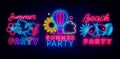 Summer party neon emblems collection. Light advertising. Hot air balloon, sun and clouds. Vector stock illustration