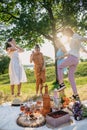 Summer party, Outdoor Gathering with friends. Five young women, Friends at the picnic dancing and having fun on summer Royalty Free Stock Photo