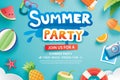 Summer party with paper cut symbol and icon for invitation background. Art and craft style. Use for ads, banner, poster, card, co Royalty Free Stock Photo