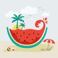 Summer party poster or banner with watermelon, flat vector illustration