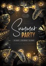 Summer party poster with black and gold tropic leaves and modern electric lamps. Nature concept. Summer background.