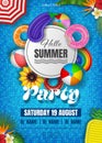 summer party poster with colorful inflatables ond pool water. pool party flyer Royalty Free Stock Photo