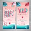 Summer party poster design. Disco party invitation design. Top view of tropic summer beach with ocean background