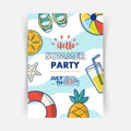 Summer party poster design template with ball, rubber swim ring and pineapple vector