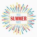 Summer party - print for poster, card, invitation, banner at colorful sunburst explosion background. Vector.