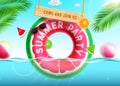Summer party vector design. Summer party text in watermelon floater element for beach event celebration.