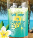 Summer party vector illustration with glass of cocktail, frangipani flower and sea landscape on the background Royalty Free Stock Photo