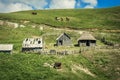 Summer pastoral mountain houses for grazing cattle on mountain green meadow