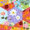 Summer patchwork pattern with cosmos, rose, daisy and bell flowers