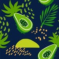 Summer pattern with abstract avocado,tropical plants and palm branches on dark background. Ornament for textile and wrapping.