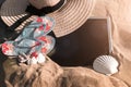 Summer pattern background. Starfish, seashells, toy plane and globe near blackboard on ocean nature beach. Design of summer Royalty Free Stock Photo