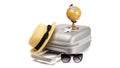 Summer pattern background. Suitcase, sunglasses with toy plane, straw hat and globe in travel composition isolated on Royalty Free Stock Photo