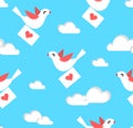 Summer pattern with dove, envelope and clouds in the sky. Vector background