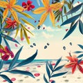 Summer pattern with green leaves, red flowers and blue sea, sands, sky with clouds. Beach view in the background Royalty Free Stock Photo