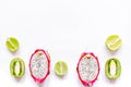 Summer pattern with kiwi and pitaya white background top view mock up Royalty Free Stock Photo