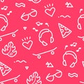 Summer pattern with old school tattoo elements in doodle style on red background. Ornament for textile and wrapping. Royalty Free Stock Photo