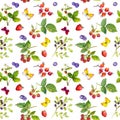 Summer pattern with ripe bright berries, colorful butterflies. Raspberry, strawberry, blueberry bush and single berry