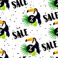 Summer pattern for sale with cute toucan, palm leaves and text on white background. Ornament for textile and wrapping.