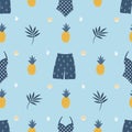 Summer pattern. Seamless template with blue swimsuits, pineapples, shells, tropical leaves Royalty Free Stock Photo