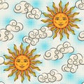 Summer pattern with sun with smiling face, clouds Royalty Free Stock Photo