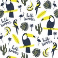 Summer pattern. Toucan, parrot, flamingo and exotic leaves.