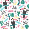 Summer pattern. Toucan, parrot, flamingo and exotic leaves.