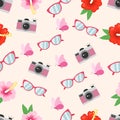Summer pattern of tropical red flowers, pink butterflies, pink camera. Vector illustration Royalty Free Stock Photo