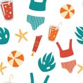 Vector seamless pattern with summer items. Vector beach elements: swimsuit, cocktail with a straw, ball, sunscreen, starfish. Royalty Free Stock Photo