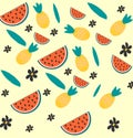Summer pattern: watermelons, flowers, leaves, an pineapples at light yellow background