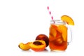 Summer peach iced tea in a mason jar glass with cut fruit isolated on white Royalty Free Stock Photo