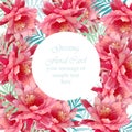 Summer peony round flowers blossom card frame. Spring Season delicate watercolor flowers Wedding Invitation. Place for