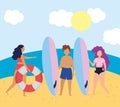 Summer people activities, couple with surfboards and girl with lifebuoy, seashore relaxing and performing leisure