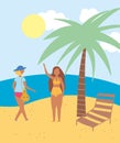 Summer people activities, female characters in the beach tropical, seashore relaxing and performing leisure outdoor